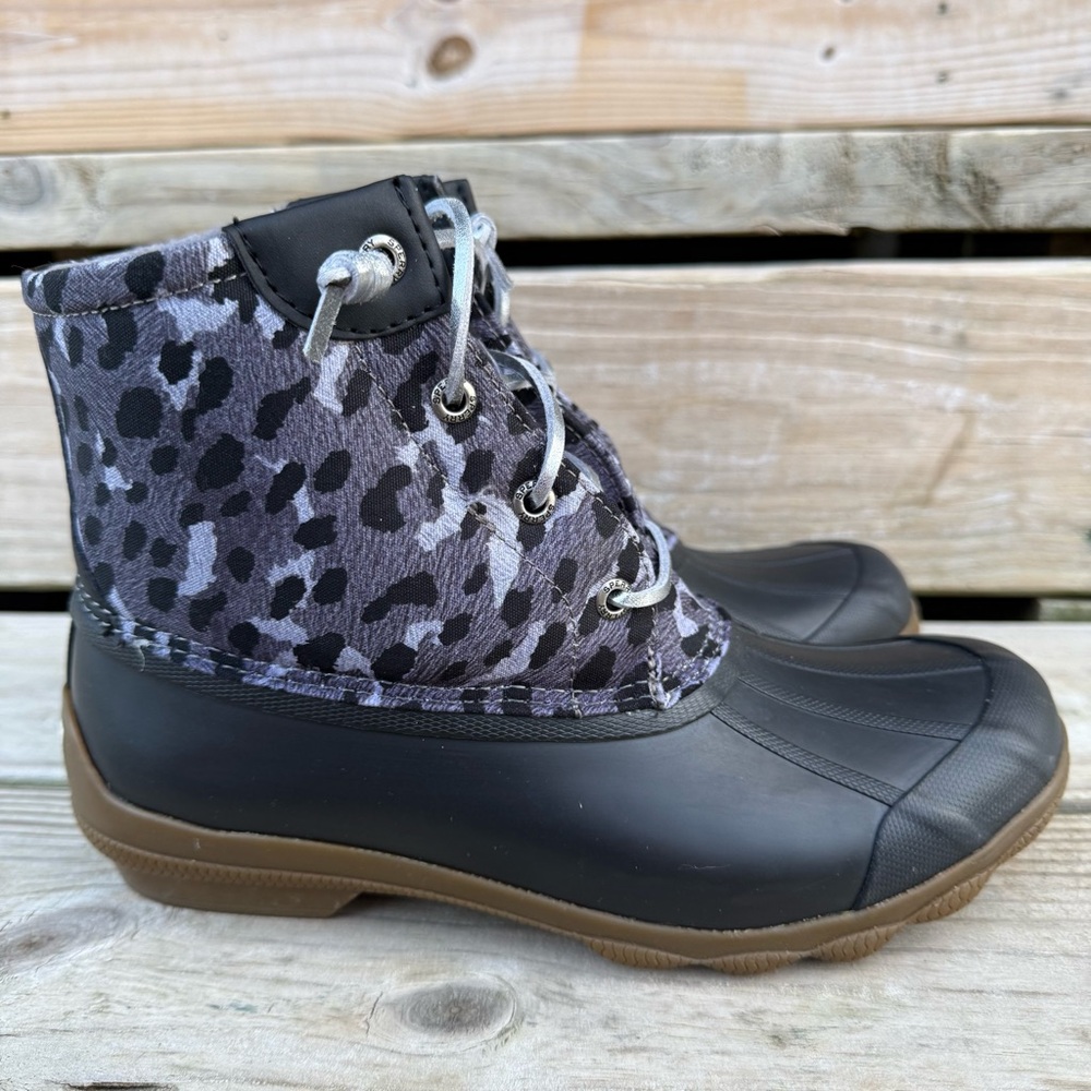 Sperry Syren Gulf Rain Boots Waterproof Rubber Grey Cheetah Muck Garden Spring